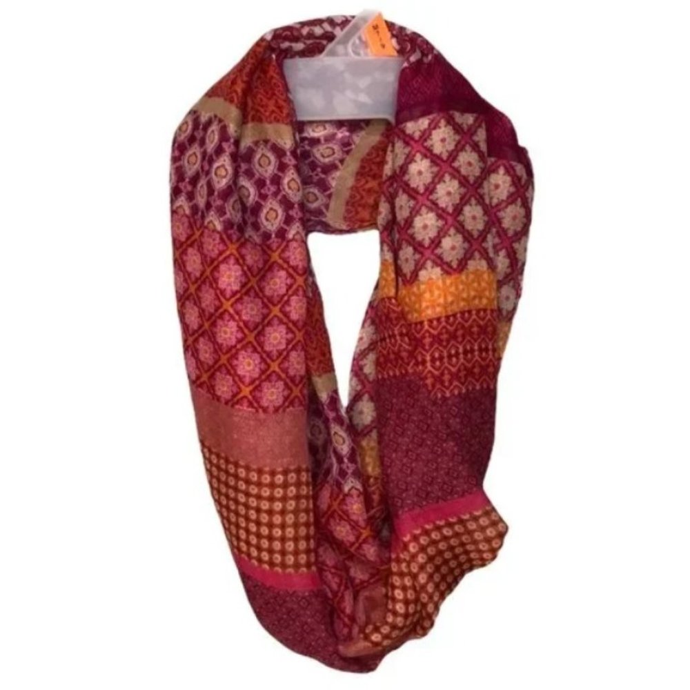 Vintage Chiffon Sheer Infinity Scarf, Women Accessory Pattern Scarf, Pink Orange
